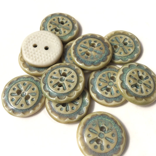 Scalloped Flowers Porcelain Button - Turquoise & Sage