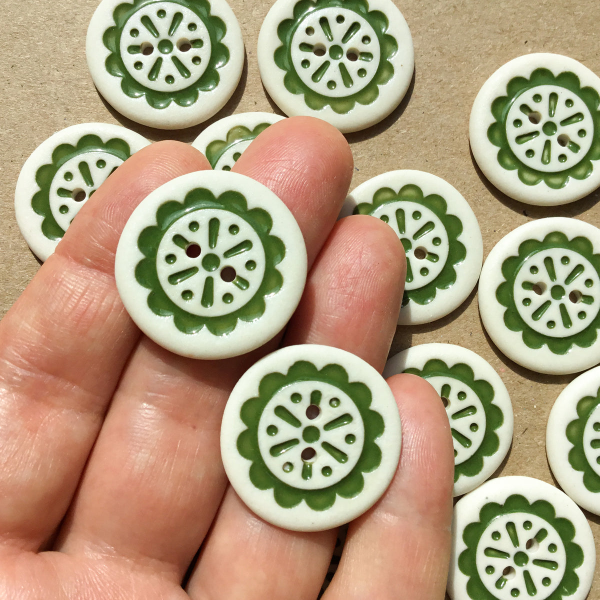 Scalloped Flower Porcelain Button ‘Green Thumb’ 1"