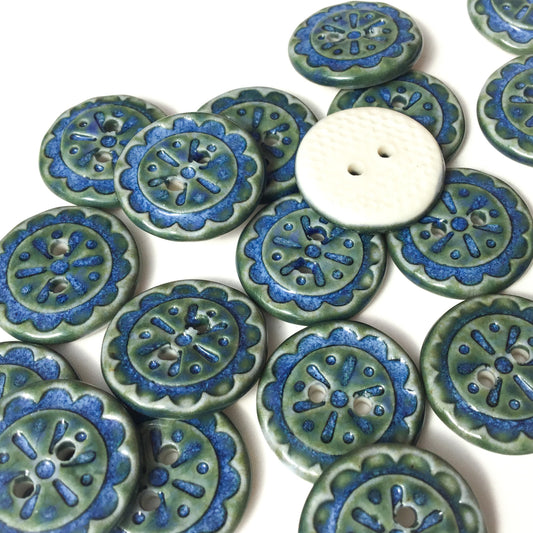 Scalloped Flowers Porcelain Button - Indigo