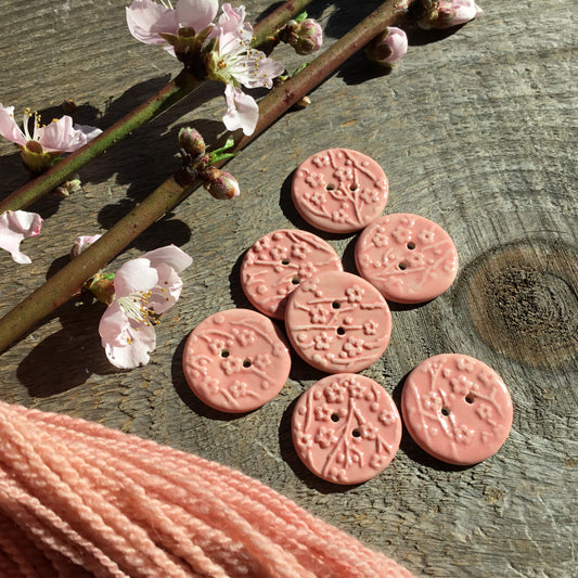 Pink Gloss Plum Blossom Porcelain Button  1"  7-pack