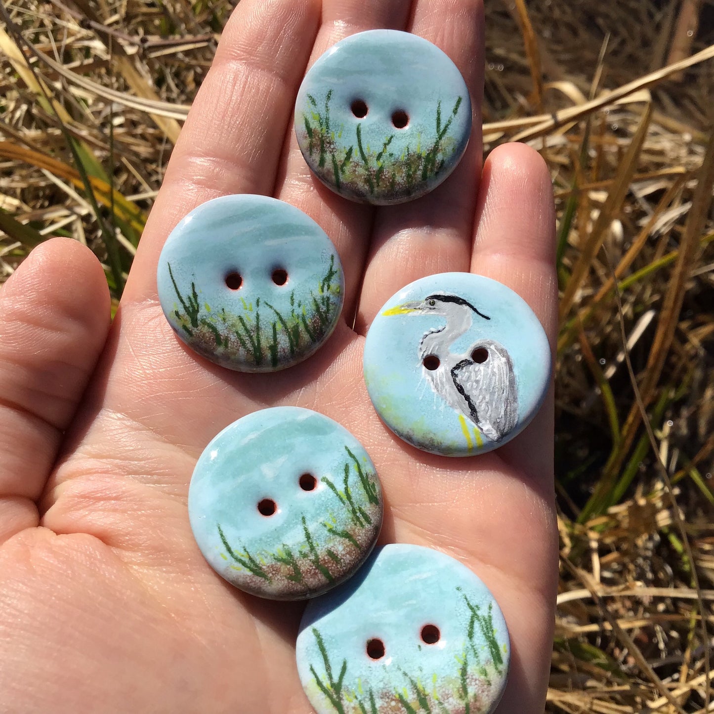 ‘Heron by the Waterside’ 1-1/16” One-of-a-kind 5-pack