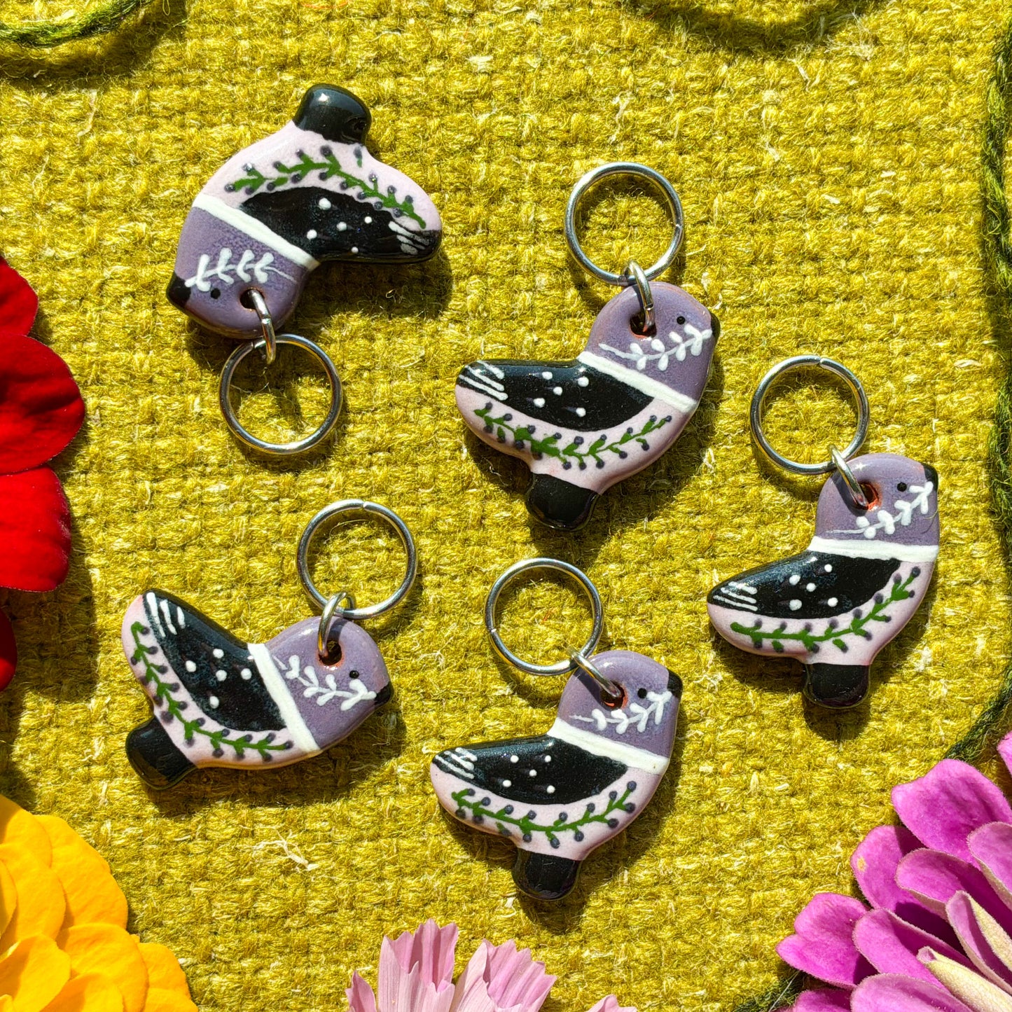 Ceramic Folk Bird Stitch Marker  3/4" x 7/8"