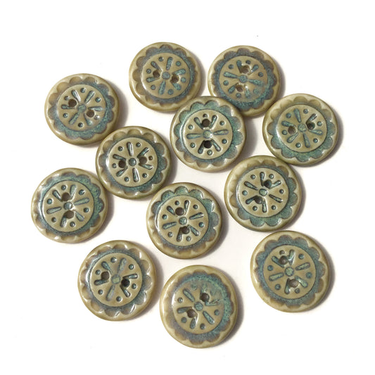 Scalloped Flowers Porcelain Button - Turquoise & Sage