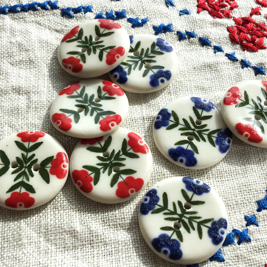 'Crossed Folk Flowers' Blue & Red Porcelain Buttons 1”