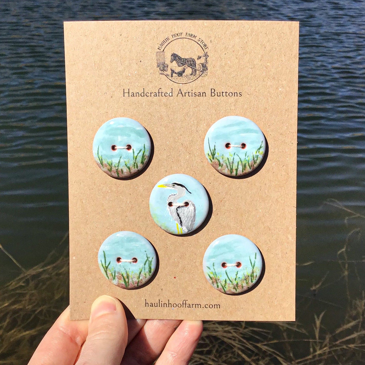‘Heron by the Waterside’ 1-1/16” One-of-a-kind 5-pack