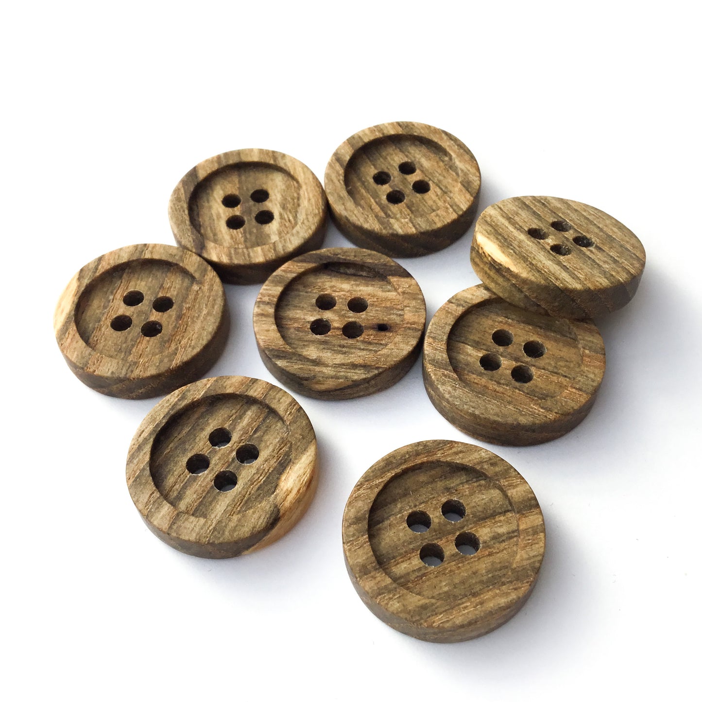 Four Hole Inset Button - Grayed ‘zebra-striped’ Ash Wood  1"