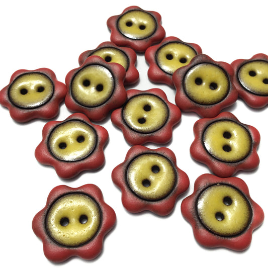 ‘Floral Darlings' Black Stoneware Button - Red & Yellow  7/8”
