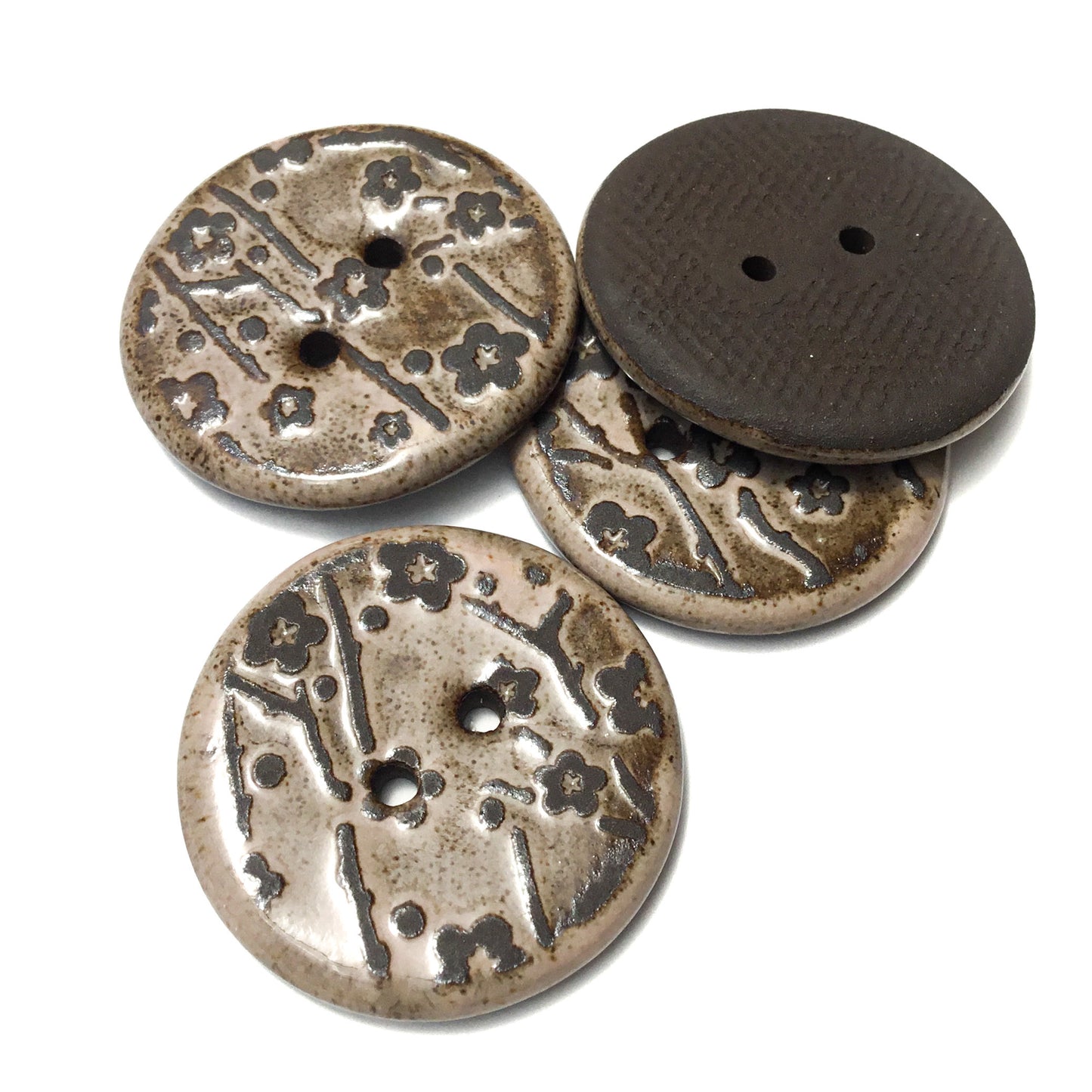 Pink 'Plum Blossom' Black Clay Stoneware Button  1-1/16"