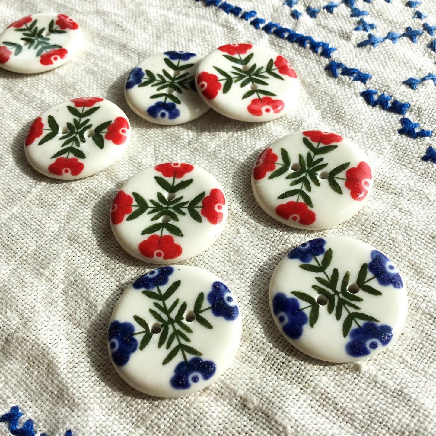 'Crossed Folk Flowers' Blue & Red Porcelain Buttons 1”