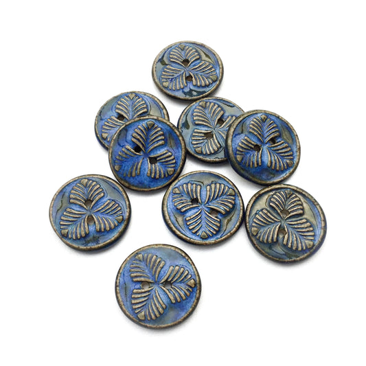 Indigo 'Trifolium' Stoneware Button  7/8"